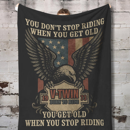 Biker Fleece Blanket – ‘You Don’t Stop Riding’ – Eagle & V-Twin Design