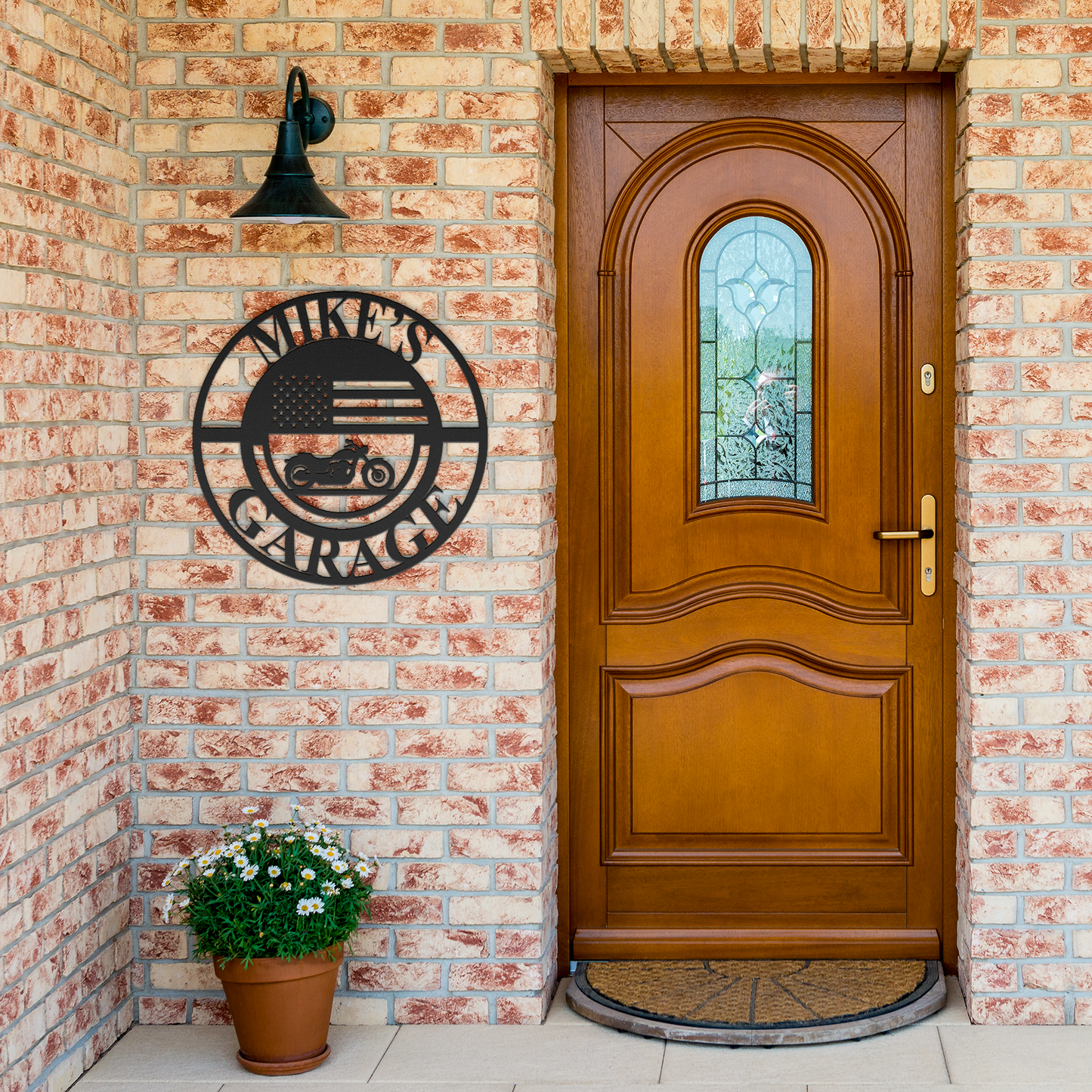 Personalized_Biker_Garage_Metal_Sign__Black_Brick_Entrance_Mockup.png