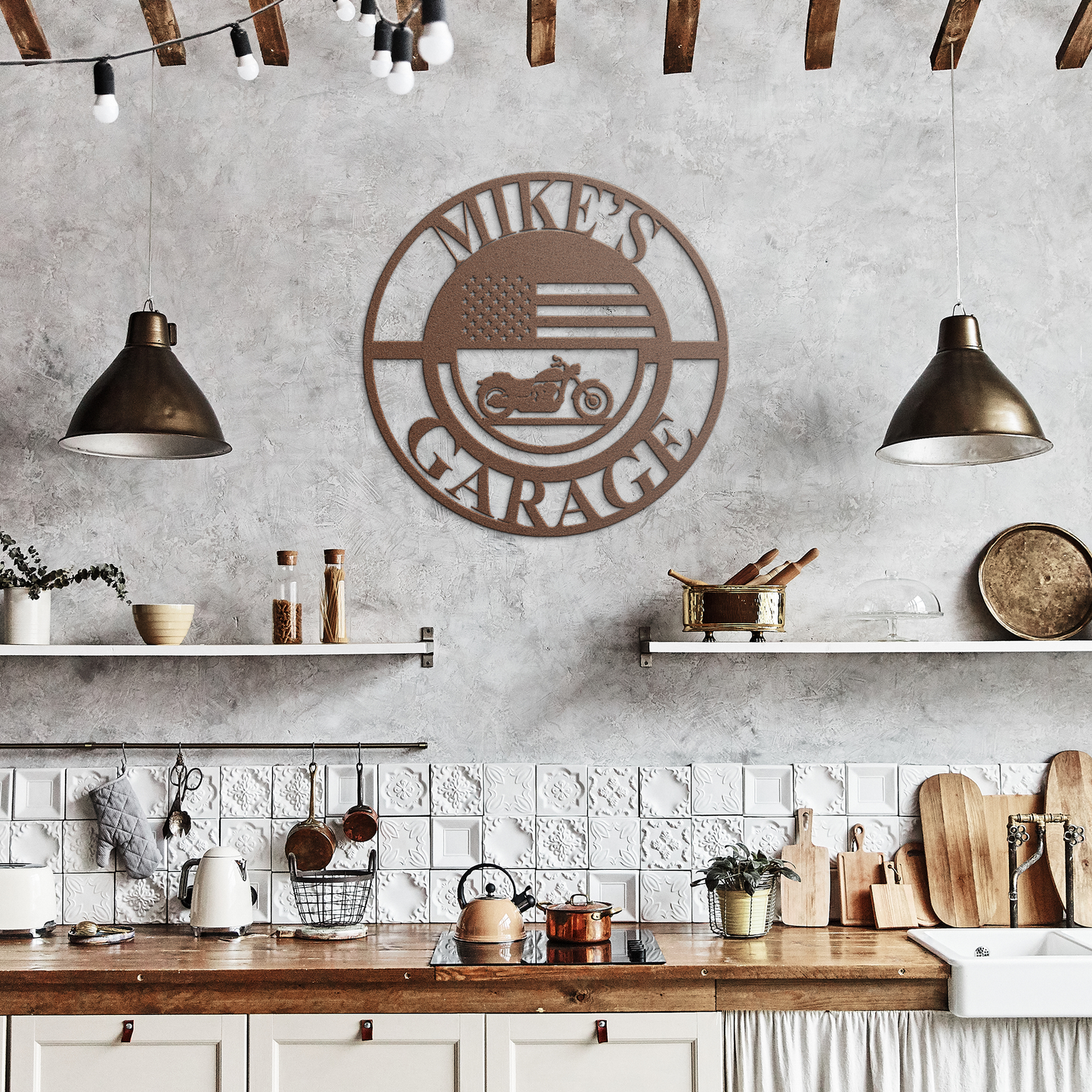 Personalized_Biker_Garage_Metal_Sign__Copper_Rustic_Kitchen_Mockup.png