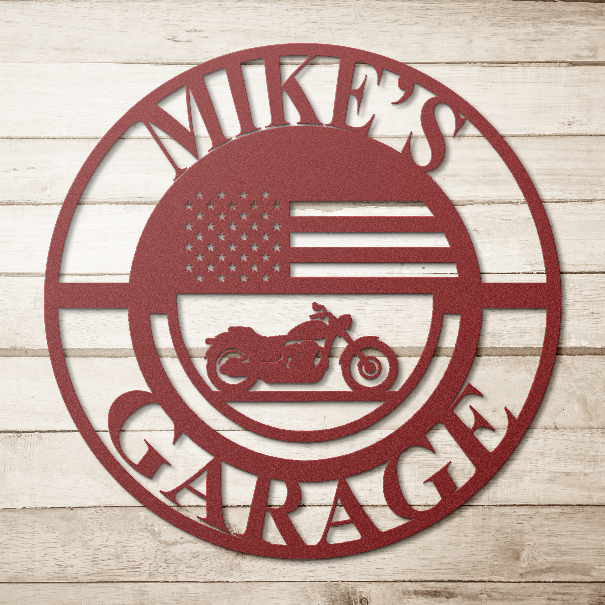Personalized_Biker_Garage_Metal_Sign__Red_Simple_Wood_BKGD_Mockup.png