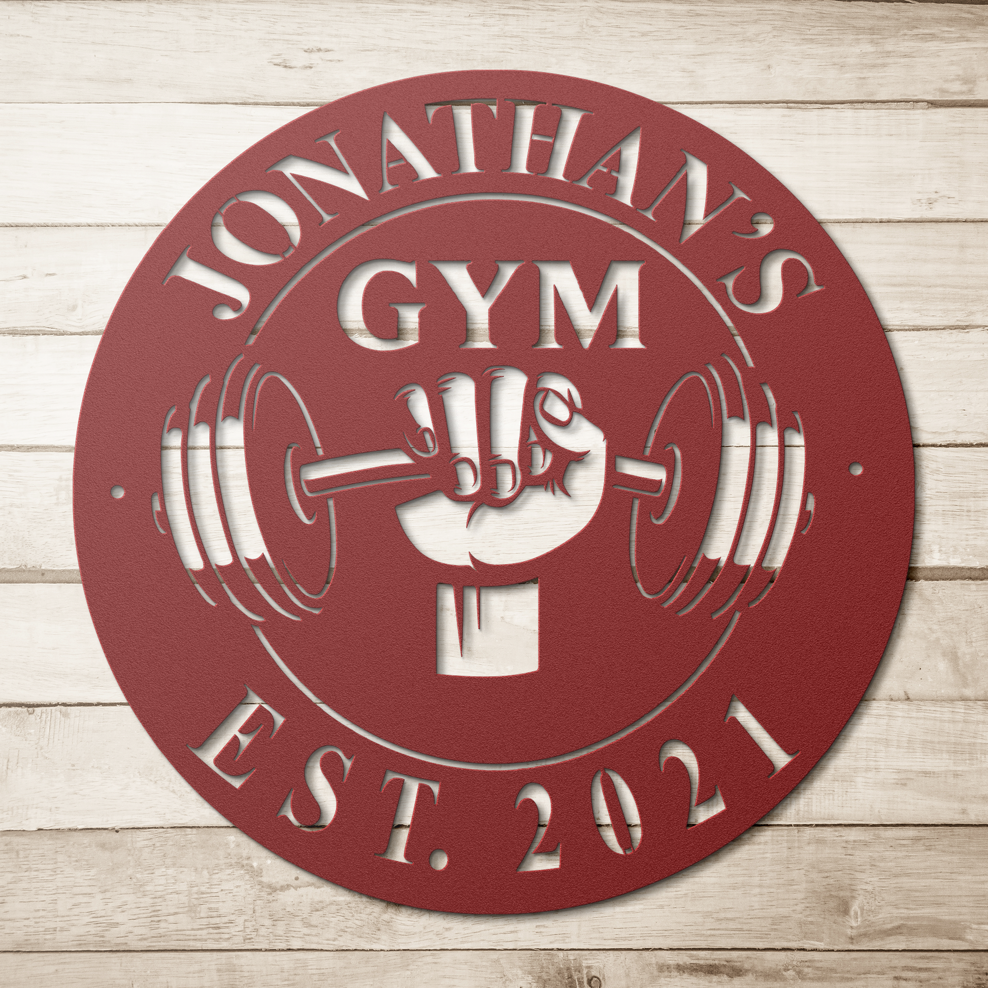 Personalized_Gym_Metal_Sign__For_True_Red_Simple_Wood_BKGD_Mockup.png