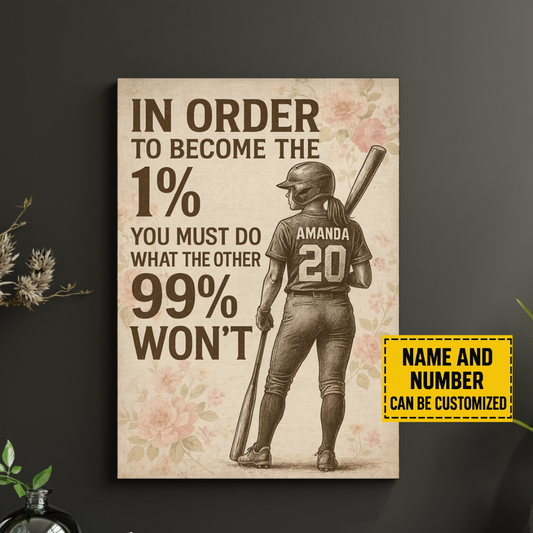 Personalized Softball Girl Canvas – “Become the 1%” Wall Art