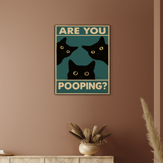 Funny Black Cat Wall Art – "Are You Pooping?" Vintage Bathroom Decor Poster