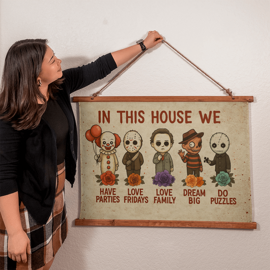 36×26 – In This House We Love Horror – Wood-Framed Tapestry