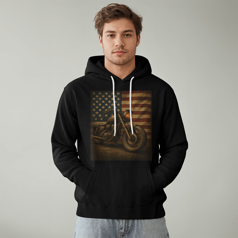 USA Flag Retro Biker" – Premium Fleece Pullover Hoodie