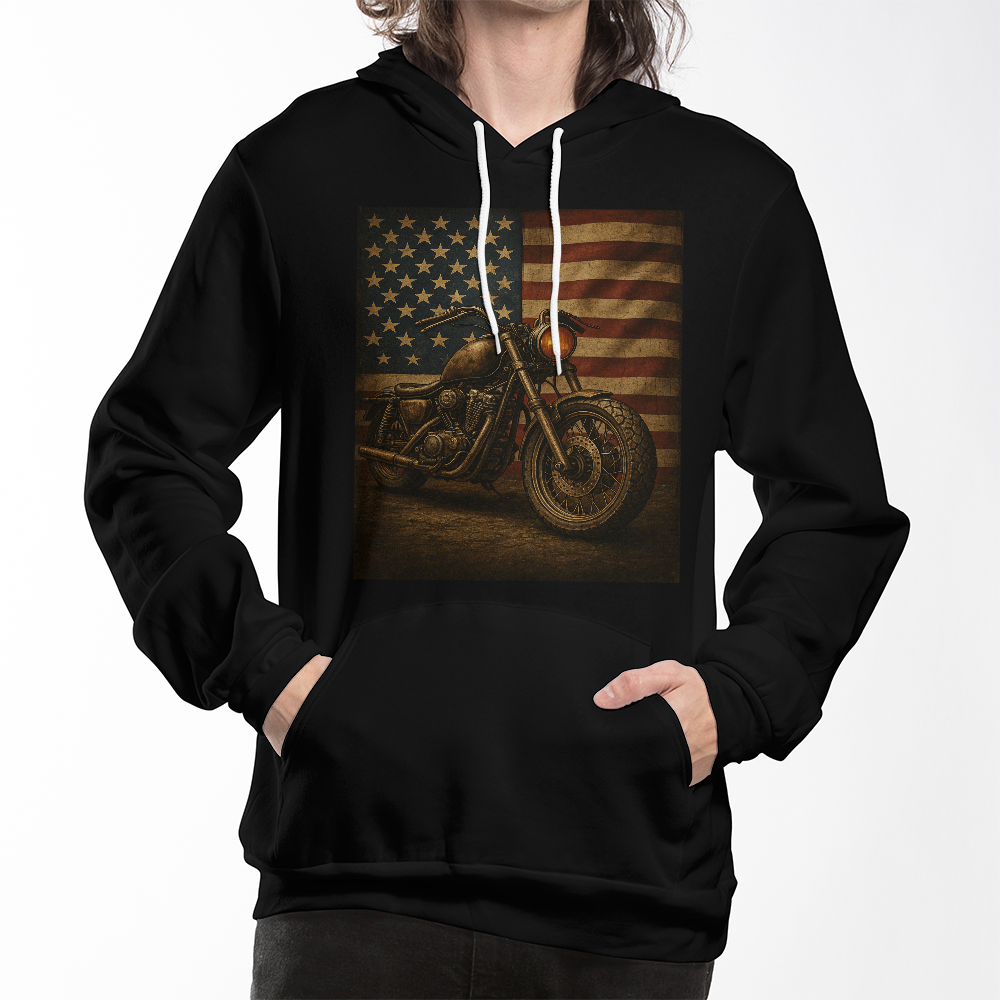 USA Flag Retro Biker" – Premium Fleece Pullover Hoodie