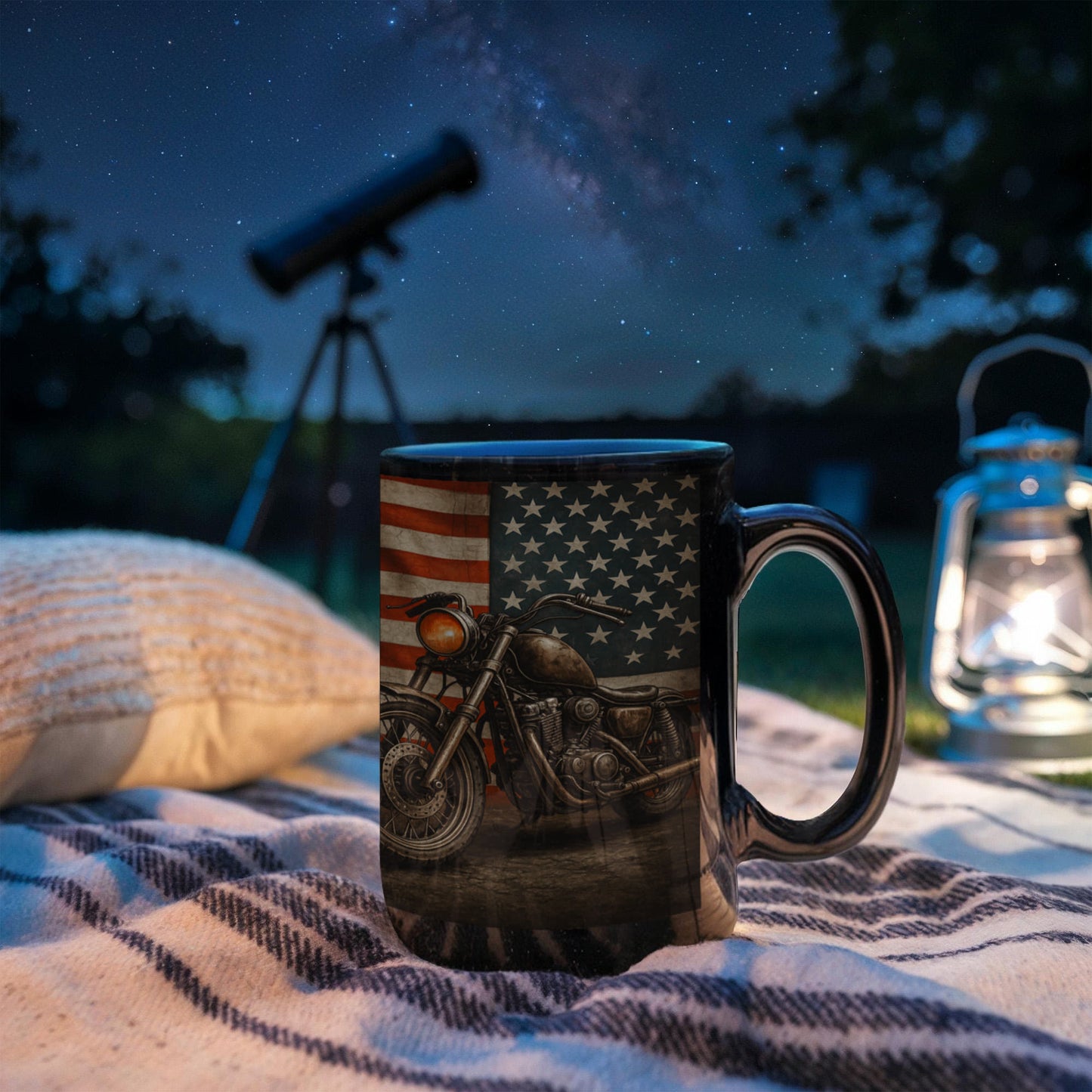 USA Flag Retro Biker" – Premium 15oz Black Ceramic Mug