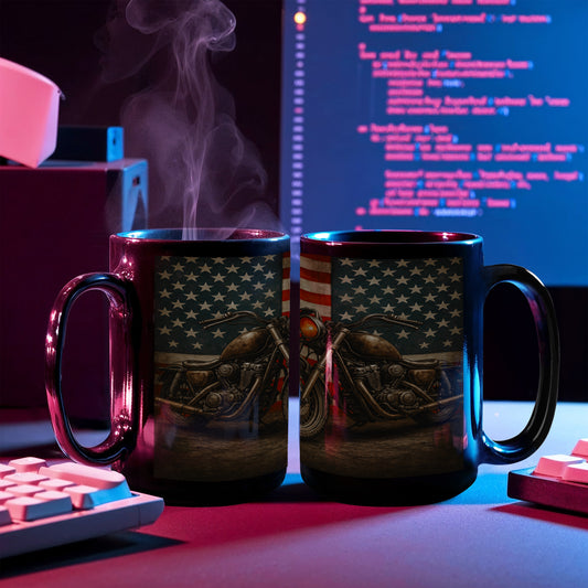 USA Flag Retro Biker" – Premium 15oz Black Ceramic Mug