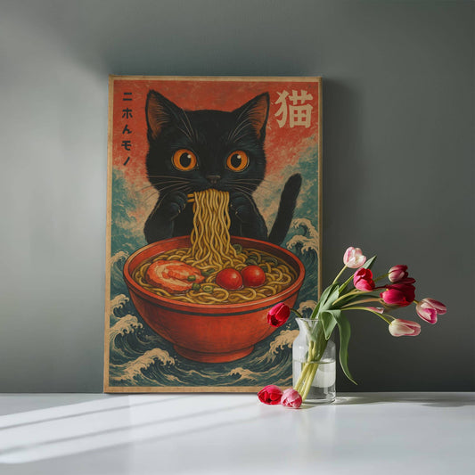 16" x 20" – Anime Cat Ramen – Japanese Wall Art Canvas ( Ready to hang)