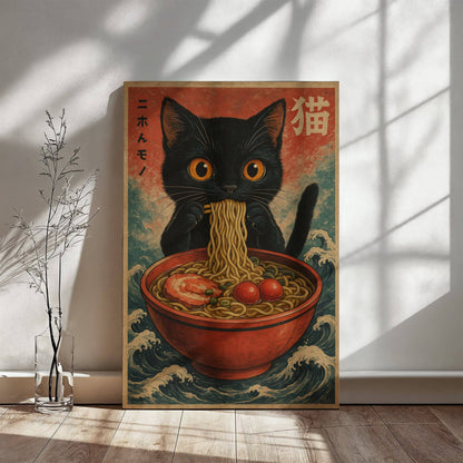 16" x 20" – Anime Cat Ramen – Japanese Wall Art Canvas ( Ready to hang)