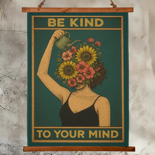 Large 36”x26” – “Be Kind to Your Mind” Boho Wall Tapestry with Vintage Wood Frame