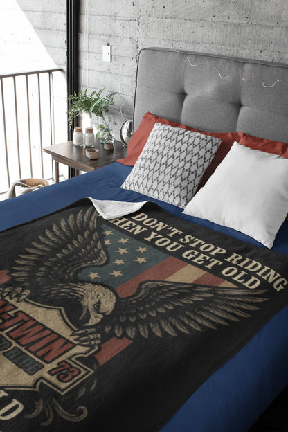 Biker Fleece Blanket – ‘You Don’t Stop Riding’ – Eagle & V-Twin Design